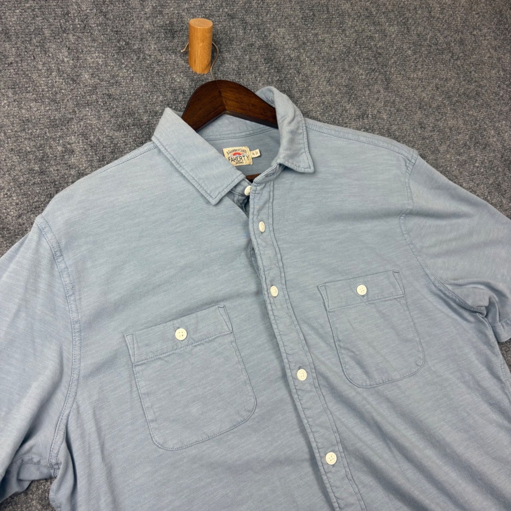 Faherty Brand Mens XL Blue Organic Cotton Slub Short Sleeve Button Down Shirt